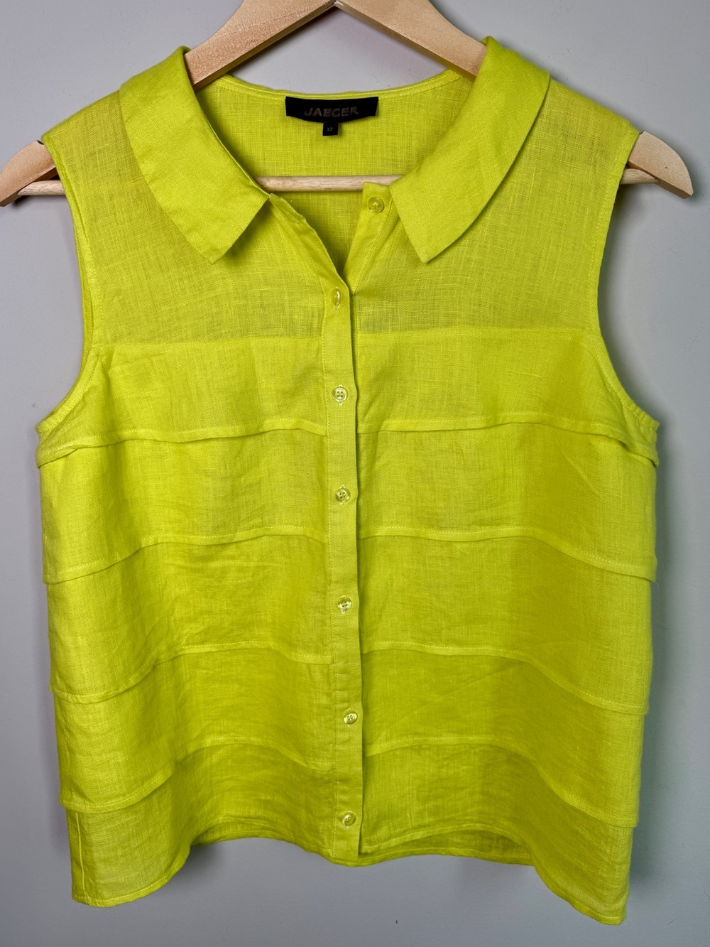 Jaeger Linen Tiered Button-Front Tank Citron Chartreuse Sz 12